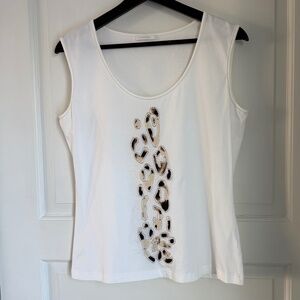 Escada White Cotton Tank Animal Print Detail with Embroidered Silk Inset